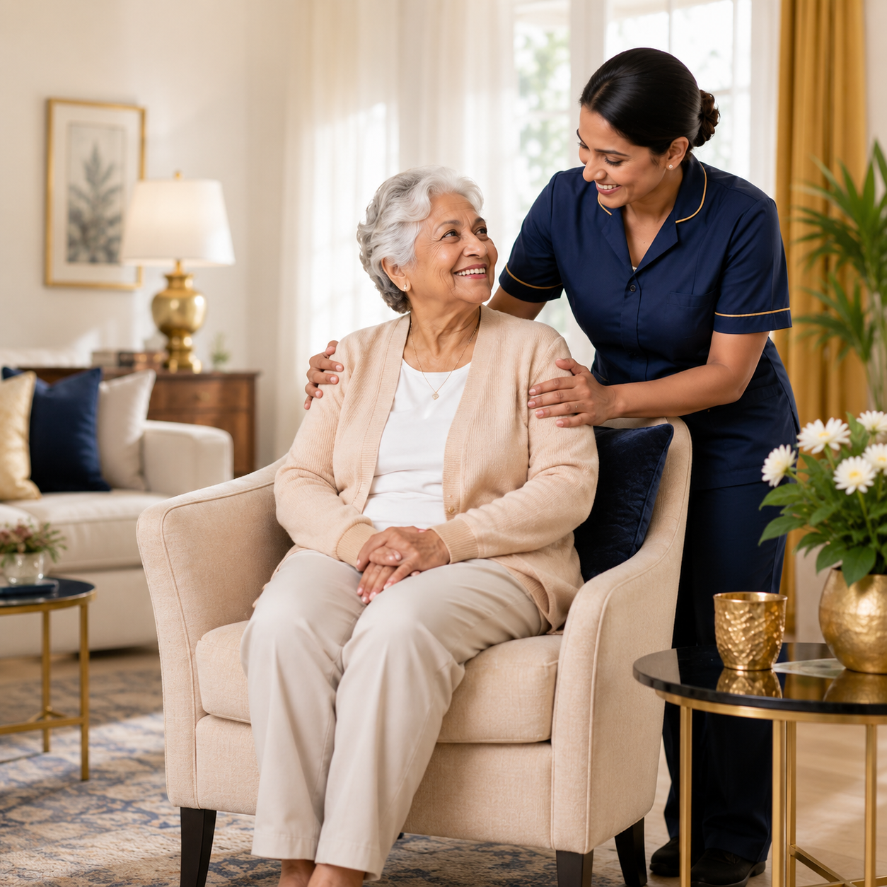 Caregiver supporting a senior with kindness